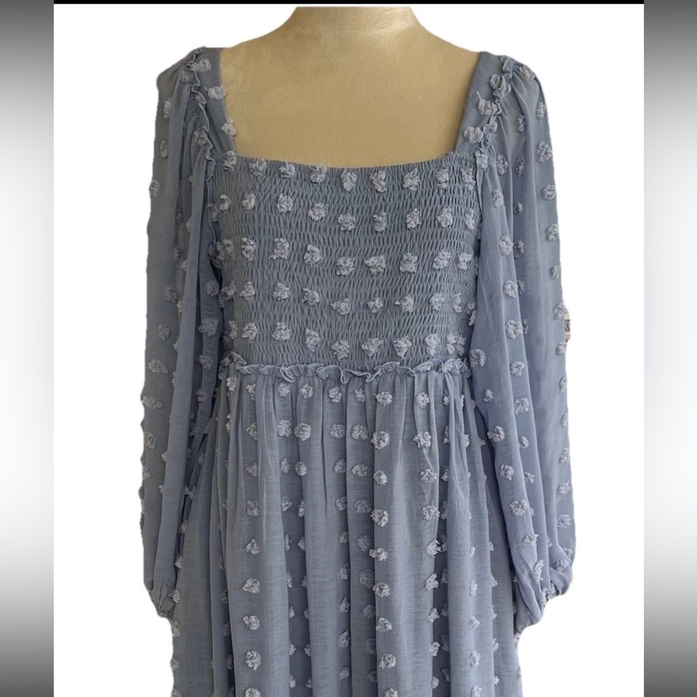 Bohemian Babydoll Dress With Balloon Sleeves Textured Polka Dots L Whimsy Fairy
